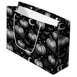 白黒ハロウィーンカボチャ，こうもり，スパイダーウェブ ラージペーパーバッグ