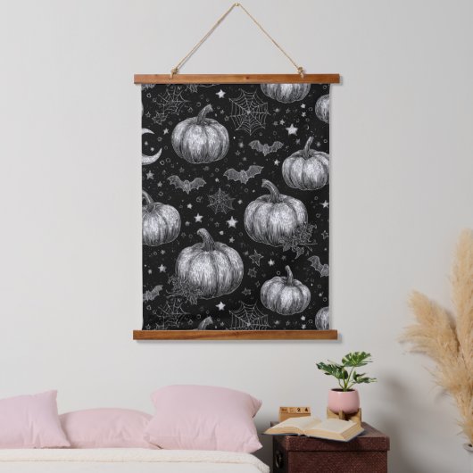 白黒ハロウィーンカボチャ，こうもり，スパイダーウェブ 吊り下げ型タペストリー (寝室)