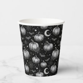 白黒ハロウィーンカボチャ，こうもり，スパイダーウェブ 紙コップ