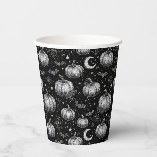 白黒ハロウィーンカボチャ，こうもり，スパイダーウェブ 紙コップ (正面)