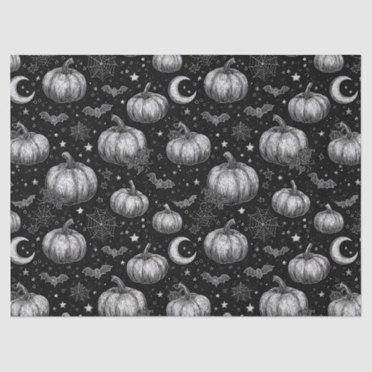 白黒ハロウィーンカボチャ，こうもり，スパイダーウェブ 薄葉紙 (正面)