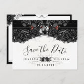 白黒ハロウィーンレース結婚のスケルトン 案内ポストカード (正面/裏面)