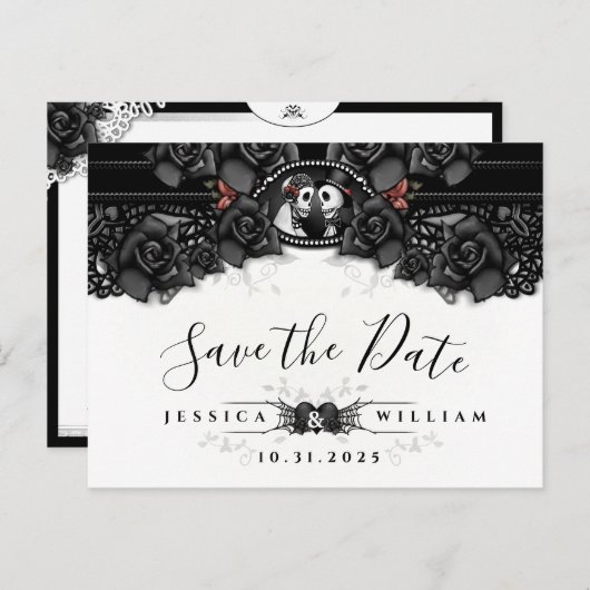 白黒ハロウィーンレース結婚のスケルトン 案内ポストカード (正面/裏面)