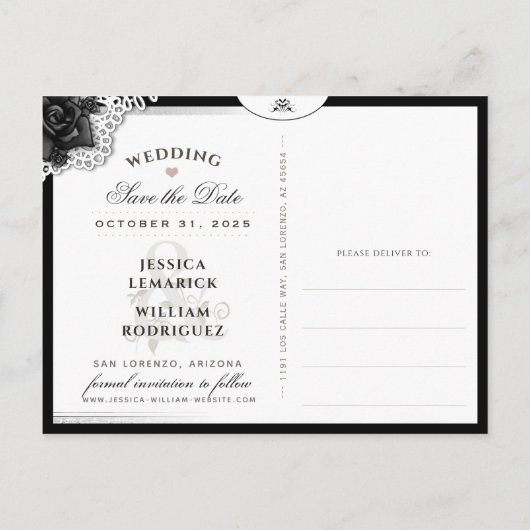 白黒ハロウィーンレース結婚のスケルトン 案内ポストカード (裏面)