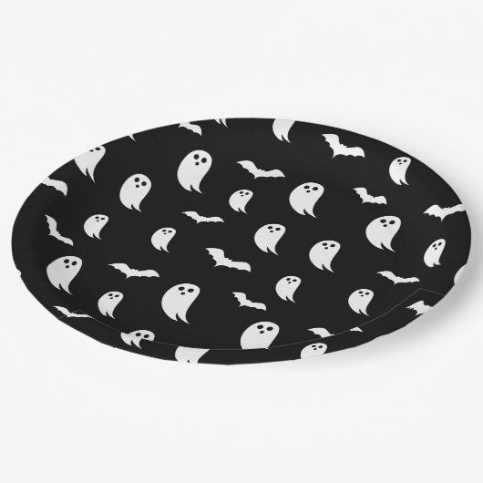 白黒ハロウィーン幽霊&こうもりパターン ペーパープレート (アングル)