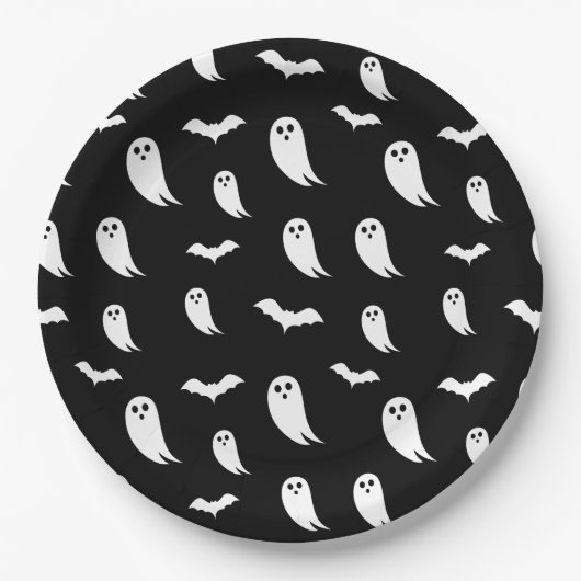 白黒ハロウィーン幽霊&こうもりパターン ペーパープレート (正面)