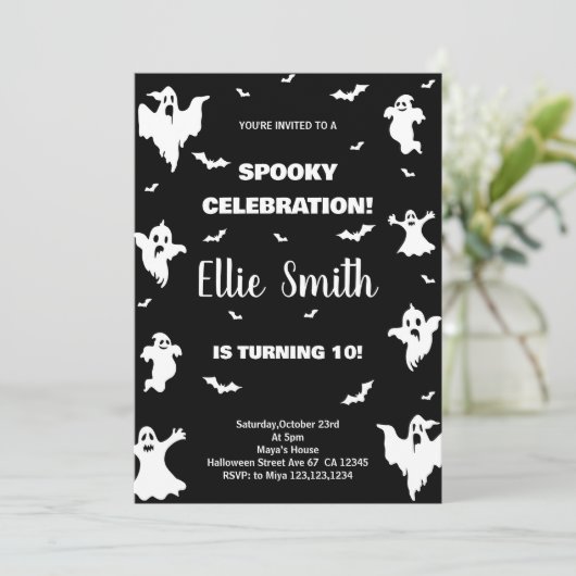 白黒ハロウィーン誕生日招待状 招待状 (スタンド正面)
