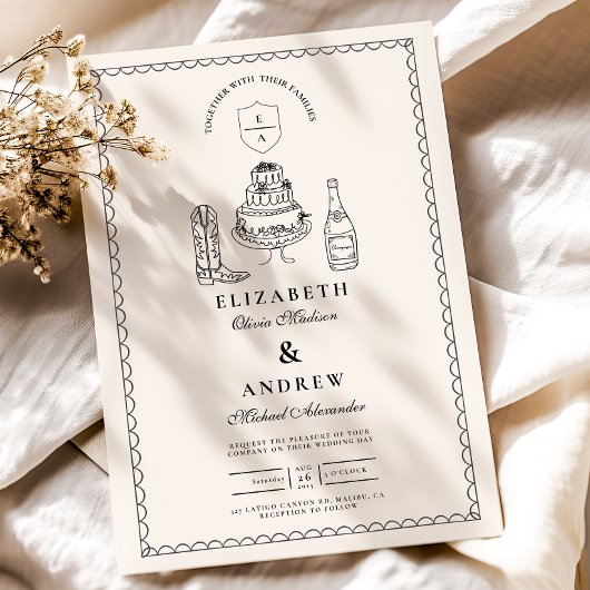 白黒ハンドドローウェスタンドードル結婚ズ 招待状