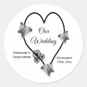 白黒ハートと蝶結婚の ラウンドシール (正面)