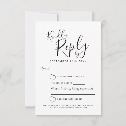 白黒ハートの結婚返信RSVP 出欠カード (裏面)