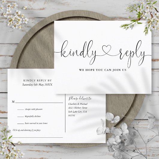 白黒ハートスクリプトソングリクエストRSVP インビテーションポストカード