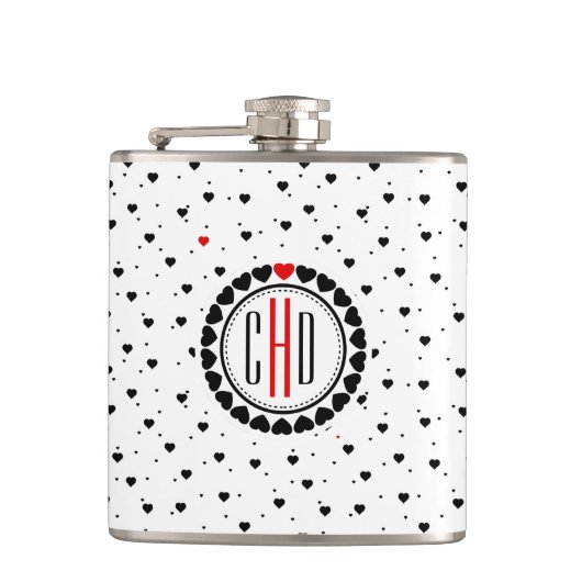 白黒ハートパターン赤アクセント フラスク (正面)
