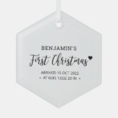 白黒ハートモダンベビー初めてのクリスマス ガラスオーナメント (正面)
