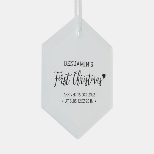 白黒ハートモダンベビー初めてのクリスマス ガラスオーナメント (正面右)