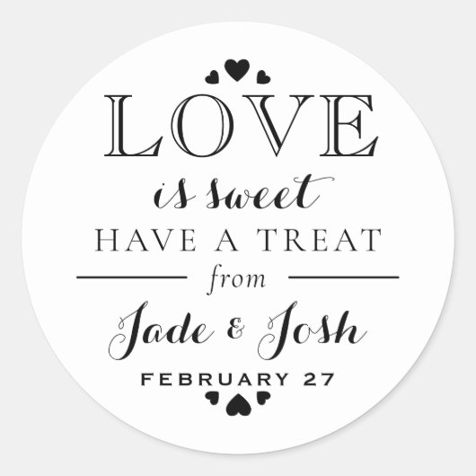 白黒ハートラブズスウィート結婚式の引き出物 ラウンドシール (正面)