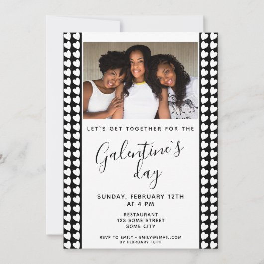 白黒ハート友の写真ガレンティンの日 招待状 (正面)