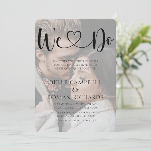 白黒ハート書道と写真結婚の入力 招待状 (スタンド正面)