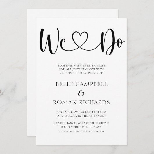 白黒ハート書道と写真結婚の入力 招待状 (正面/裏面)