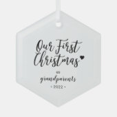 白黒ハート祖父母初めてのクリスマス ガラスオーナメント (正面)