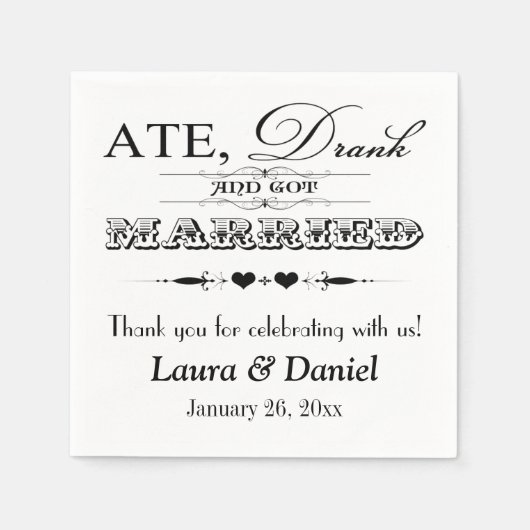 白黒ハート、スクロール結婚ズのナプキン スタンダードカクテルナプキン (正面)