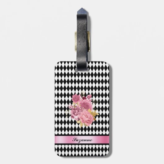 白黒ハーレクインバラと名前 ラゲッジタグ (裏面縦)