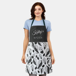 白黒バジルハーブリーフパターン植物名 エプロン