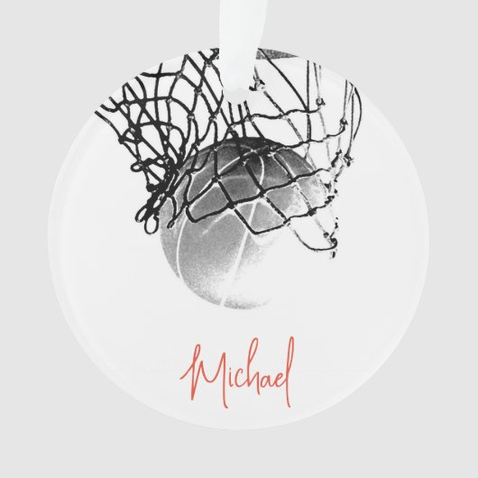 白黒バスケットボールボール&ネットあなたの名前 オーナメント (正面)