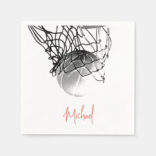 白黒バスケットボールボール&ネットあなたの名前 スタンダードカクテルナプキン (正面)