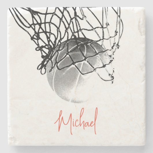 白黒バスケットボールボール&ネットあなたの名前 ストーンコースター (正面)