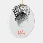 白黒バスケットボールボール&ネットあなたの名前 セラミックオーナメント (右)