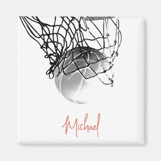 白黒バスケットボールボール&ネットあなたの名前 マグネット (正面)
