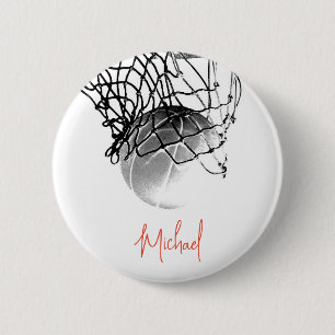 白黒バスケットボールボール&ネットあなたの名前 缶バッジ