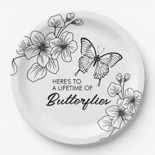 白黒バタフライガーデン紙プレート ペーパープレート (正面)