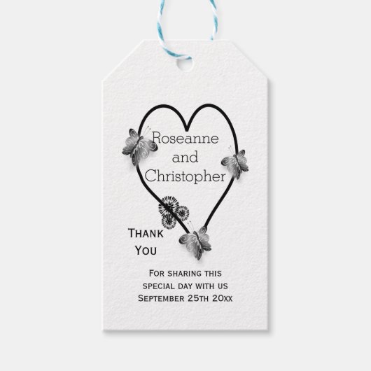 白黒バタフライハート結婚デザイン ギフトタグ (正面)