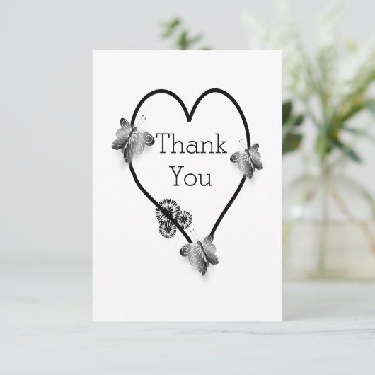 白黒バタフライハート結婚デザイン サンキューカード (スタンド正面)