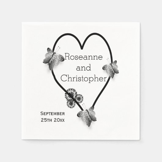 白黒バタフライハート結婚デザイン スタンダードカクテルナプキン (正面)