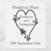 白黒バタフライハート結婚デザイン ワインラベル (シングルラベル)
