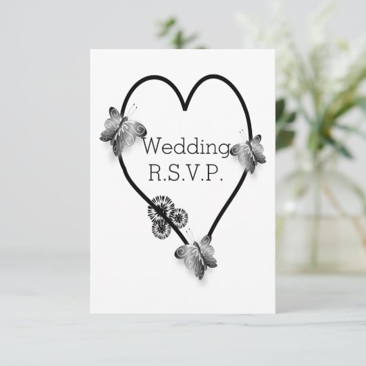 白黒バタフライハート結婚式RSVP 出欠カード (スタンド正面)