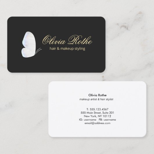 白黒バタフライメイクアップと美容師 名刺 (正面/裏面)