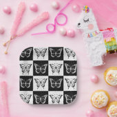 白黒バタフ市松模様にロックプリント ペーパープレート (パーティー)