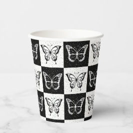 白黒バタフ市松模様にロックプリント 紙コップ