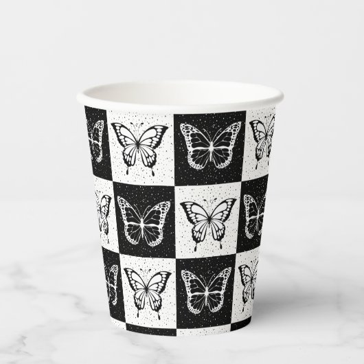 白黒バタフ市松模様にロックプリント 紙コップ (正面)