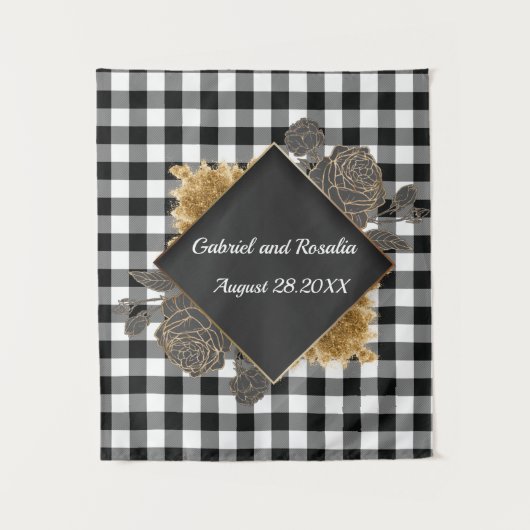 白黒バッファローがバラフレームのテ結婚ープをチェック タペストリー (正面)