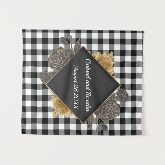 白黒バッファローがバラフレームのテ結婚ープをチェック タペストリー (正面(横))