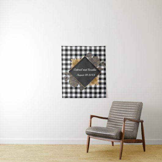 白黒バッファローがバラフレームのテ結婚ープをチェック タペストリー (インサイチュ)