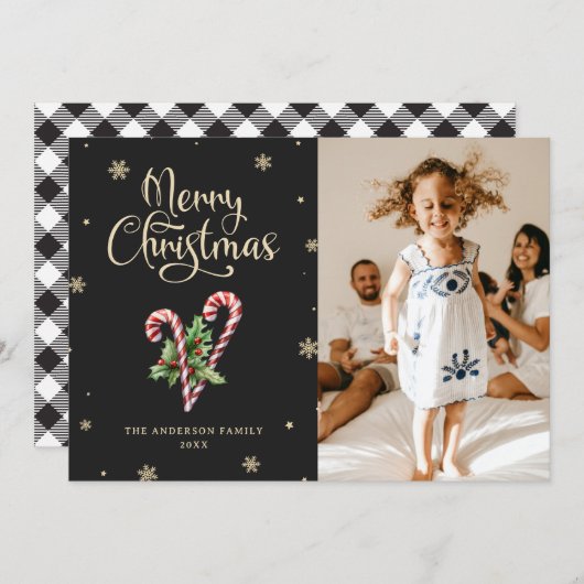 白黒バッファローのプレイド写真クリスマス シーズンカード (正面/裏面)