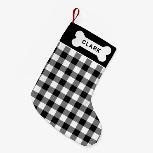 白黒バッファローのプレイド犬の骨モノグラム スモールクリスマスストッキング (正面 (吊り時))