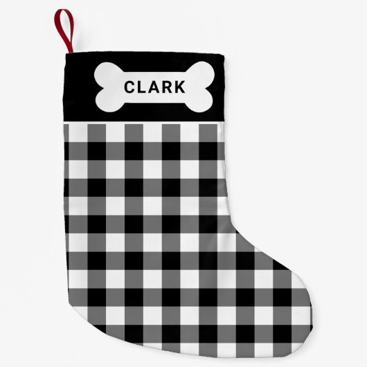 白黒バッファローのプレイド犬の骨モノグラム スモールクリスマスストッキング (正面)