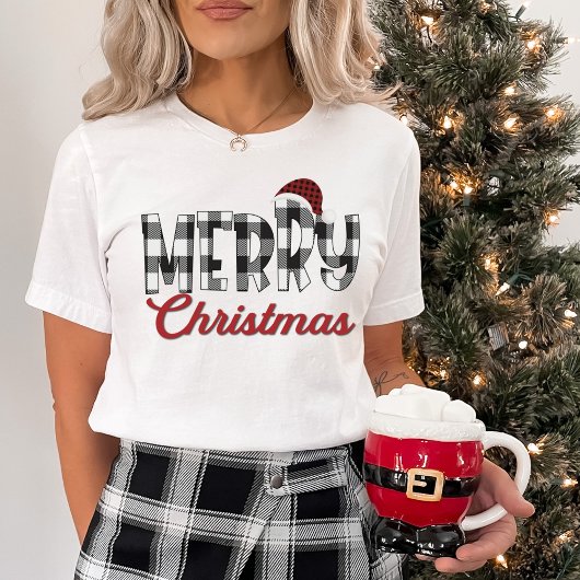 白黒バッファローの格子柄の陽気なクリスマス Tシャツ