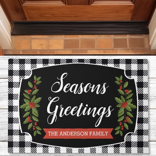 白黒バッファローの格子状クリスマス ドアマット